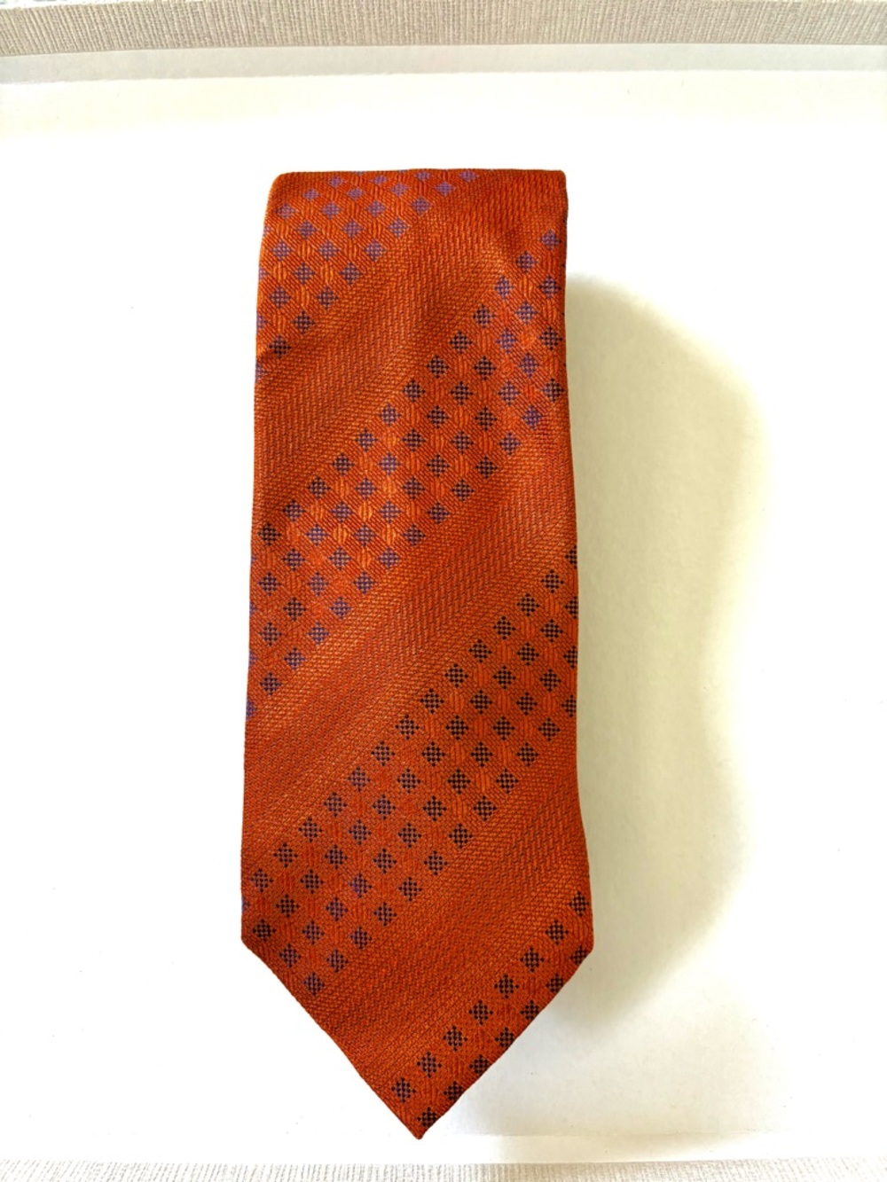 David Donahue Terra Cotta Silk Tie with Purple/ Navy Micro-Dot Pattern